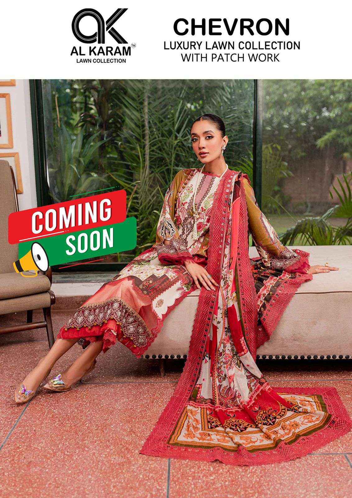 AL KARAM CHEVRON LUXURY LAWN COLLECITON COTTON PATCH WORK SUITS ( 4 PCS CATALOG )