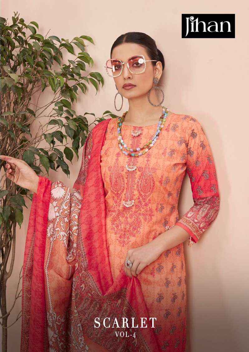 JIHAN SCARLET VOL 4 LAWN COTTON SELF EMBROIDERY WORK SUIT ( 4 PCS CATALOG )