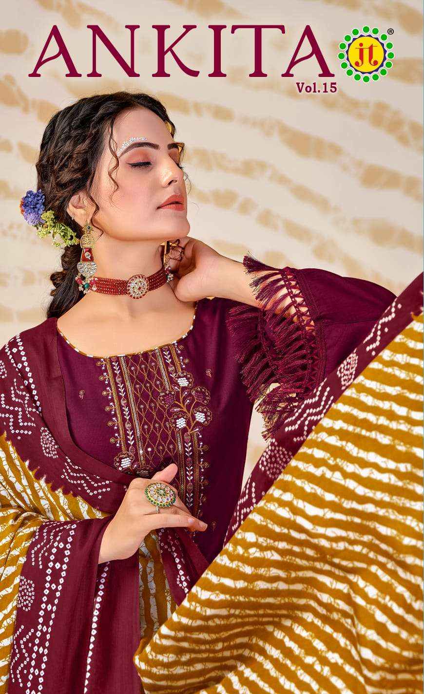 JT ANKITA VOL 15 RAYON PREMIUM WORK DESIGNER SUITS ( 5 PCS CATALOG )