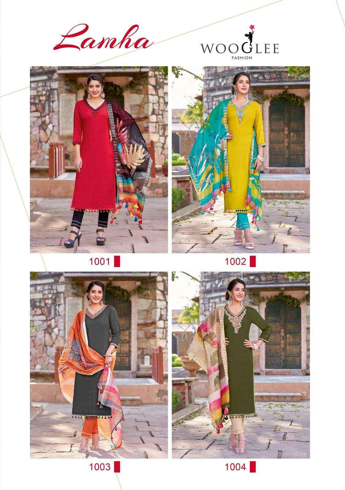 WOOGLEE LAMHA RAYON FANCY WORK LADIES KURTI COMBO SET ( 4 PCS CATALOG )