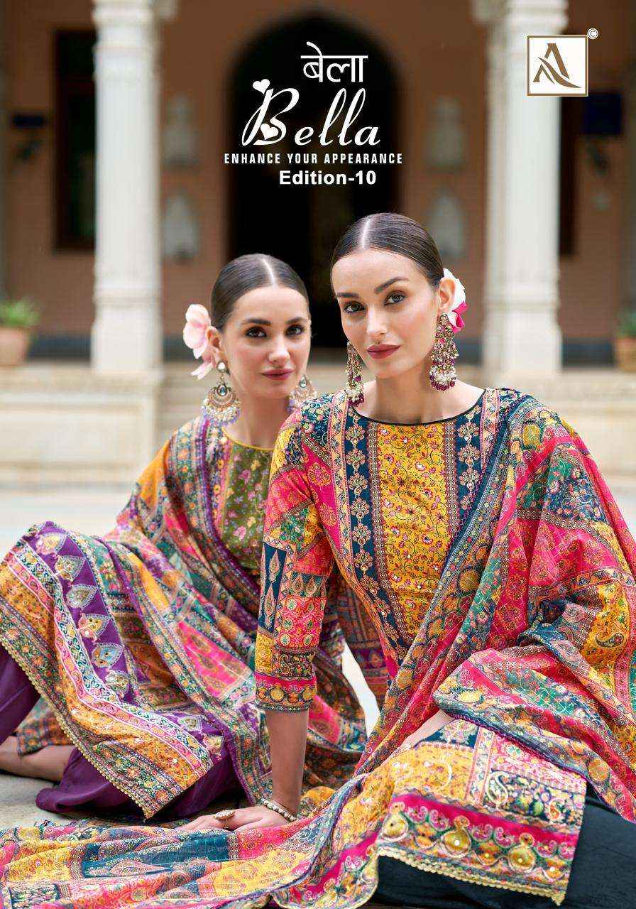 ALOK SUITS BELLA VOL 10 MUSLIN WITH HAND WORK DRESS MATERIAL ( 6 PCS CATALOG )