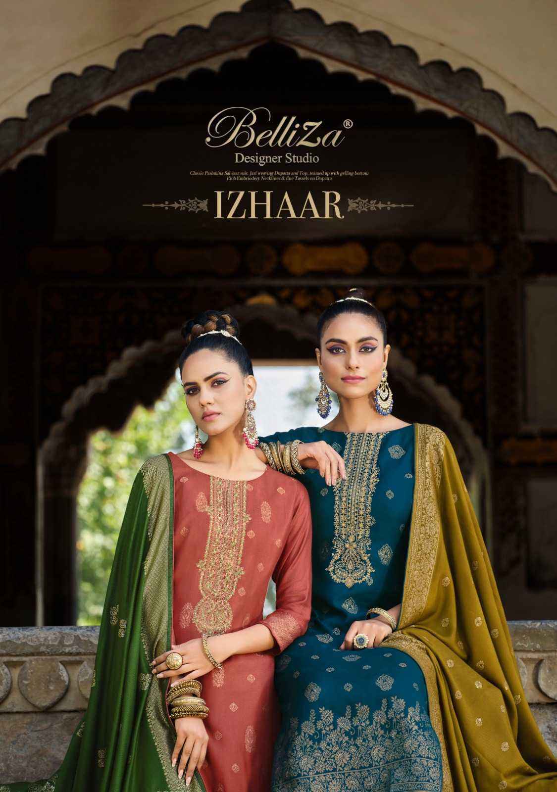 BELLIZA DESIGNER IZHAAR PASHMINA JACQUARD DRESS MATERIAL (6 PPCS CATALOG )