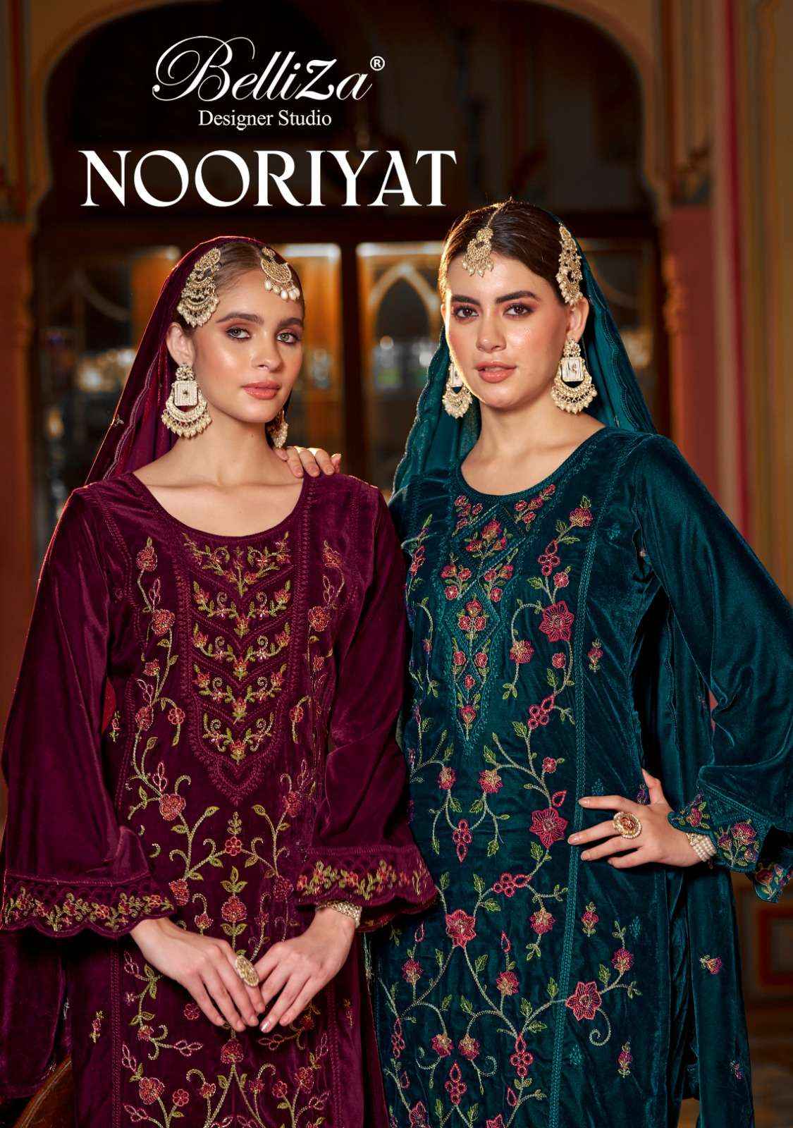 BELLIZA DESIGNER STUDIO NOORIYAT WHOLESALE LADIES VELVET DESIGNER SUIT ( 4 PCS CATALOG )