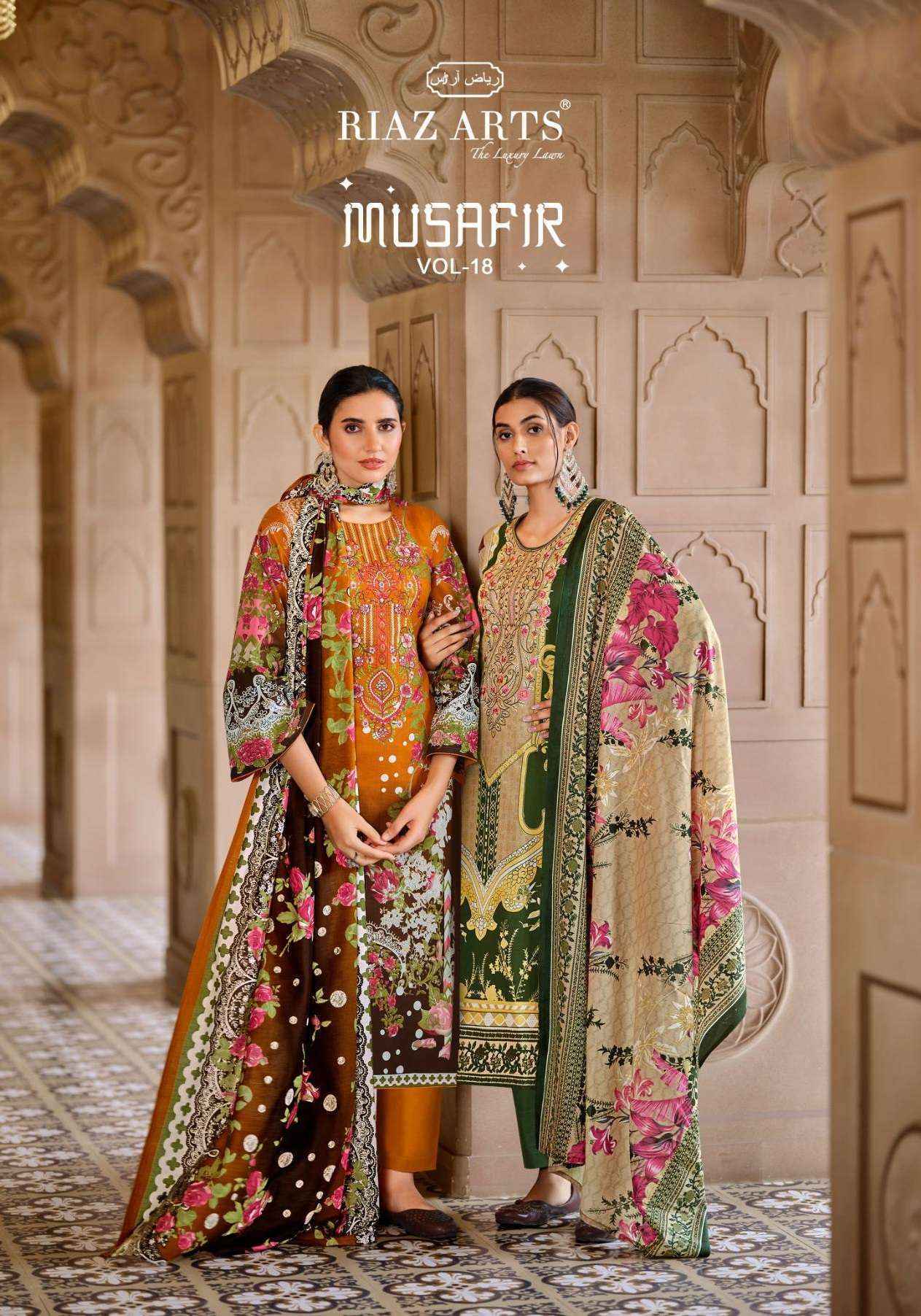 Riaz Arts Musafir Vol 18 Wholesale Lawn Cotton salwar Kameez 8 pcs Catalogue