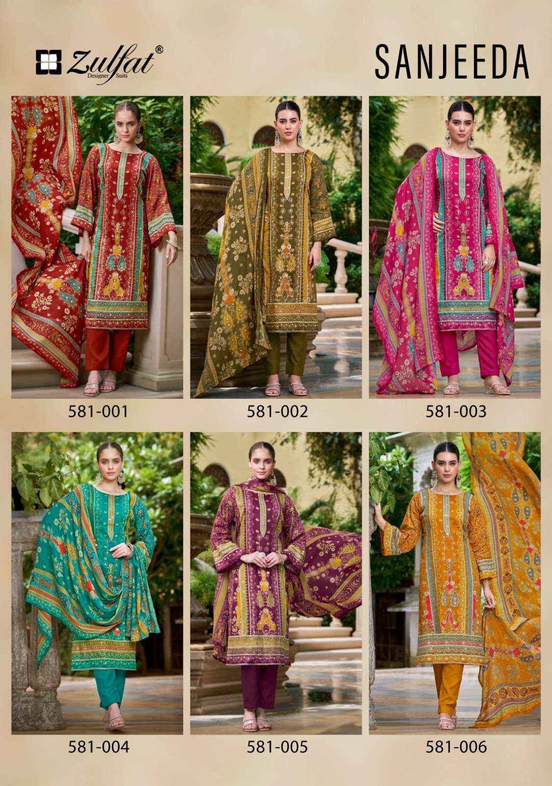 ZULFAT DESIGNER SUITS SANJEEDA JAM COTTON PRINT WITH WORK DRESS MATERIAL ( 6 PCS CATALOG )