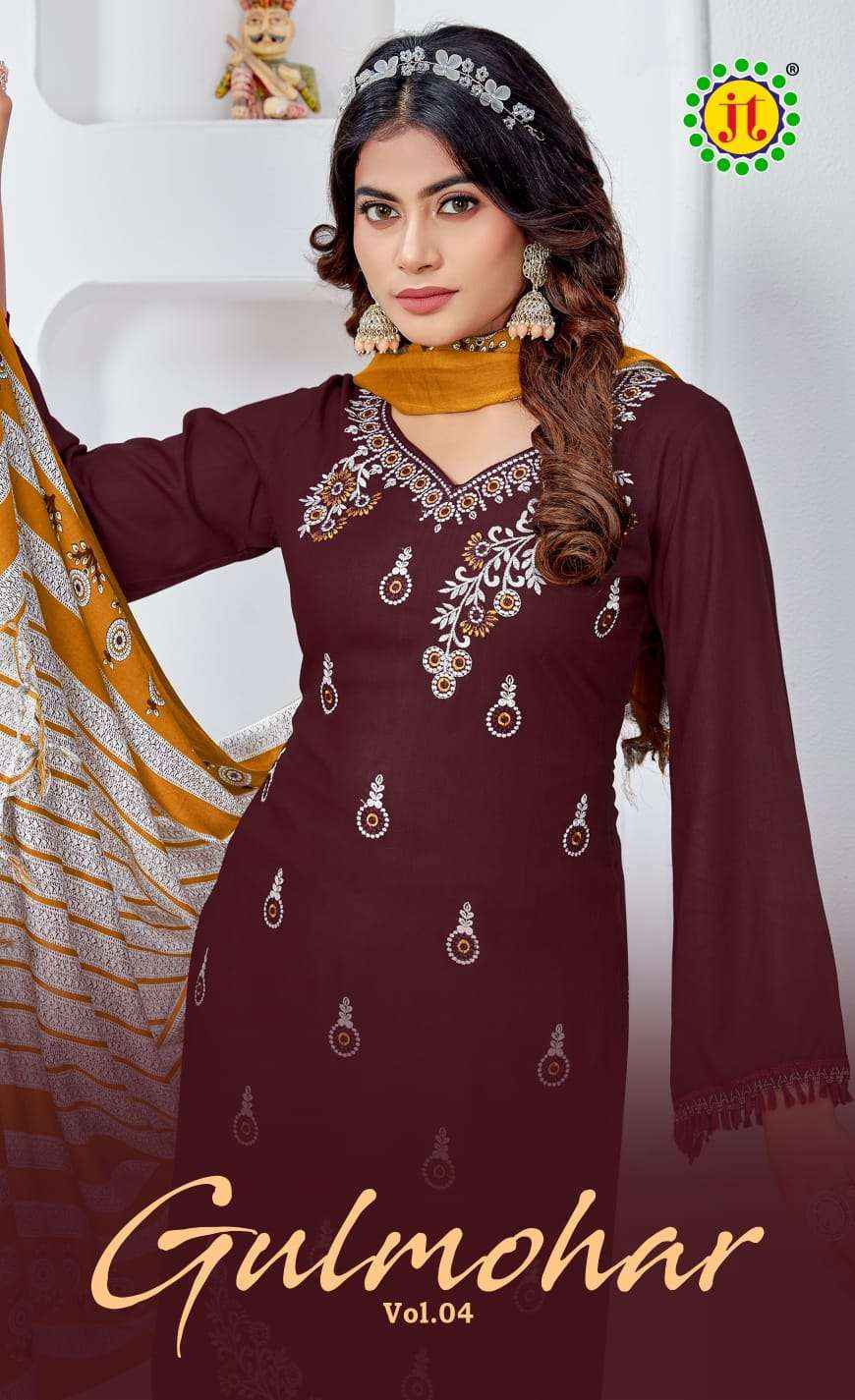 JT GULMOHAR VOL 4 RAYON FANCY EMBROIDERY WORKS SUIT ( 5 PCS CATALOG )