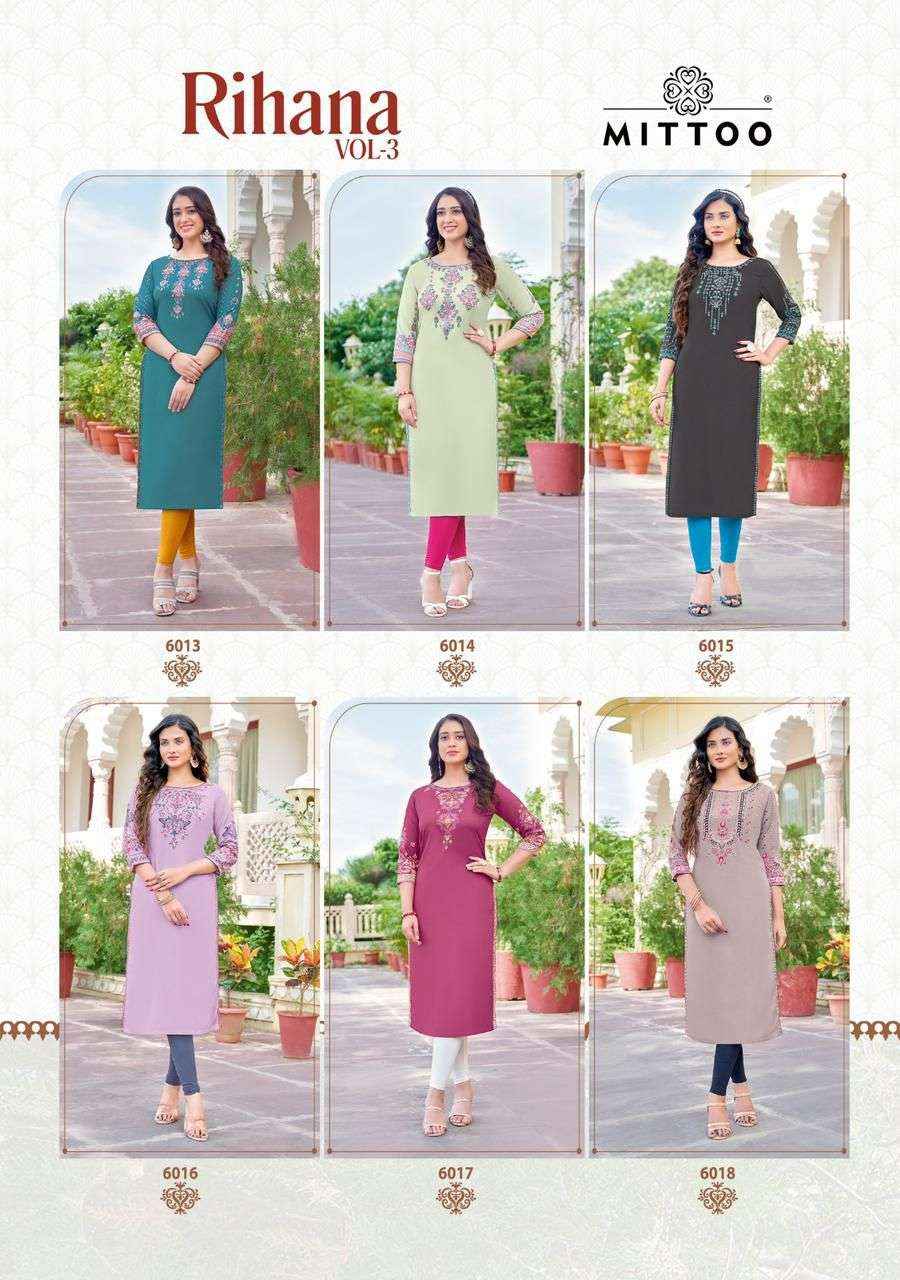 Mittoo Fashion Rihana Vol 3 Wholesale Rayon Kurti With Price ( 6 Pcs Catalogue )