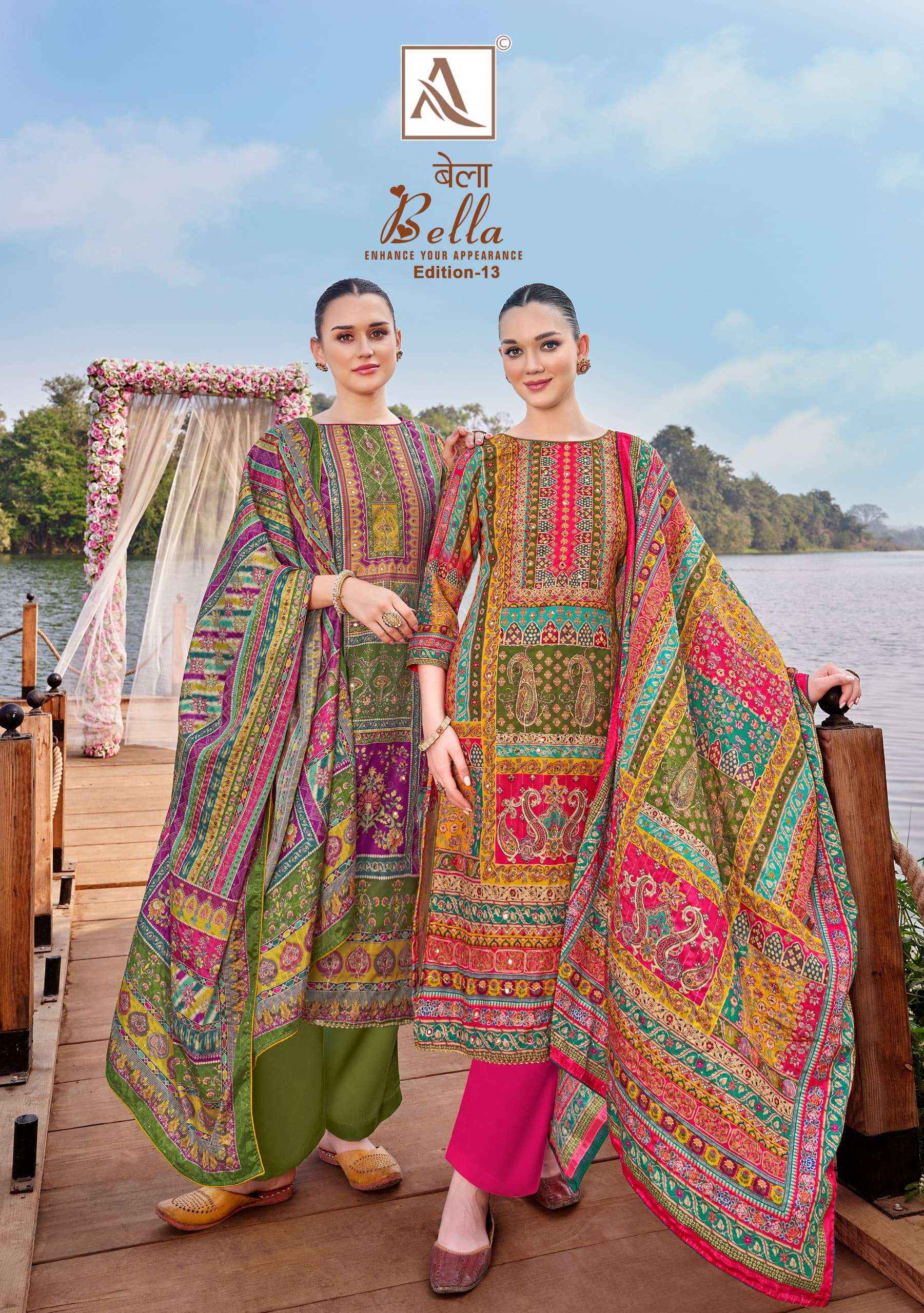 ALOK SUITS BELLA VOL 13 MUSLIN DIGITAL PRINT WITH FANCY DRESS MATERIAL WHOLESALE PRICE ( 6 PCS CATALOG )