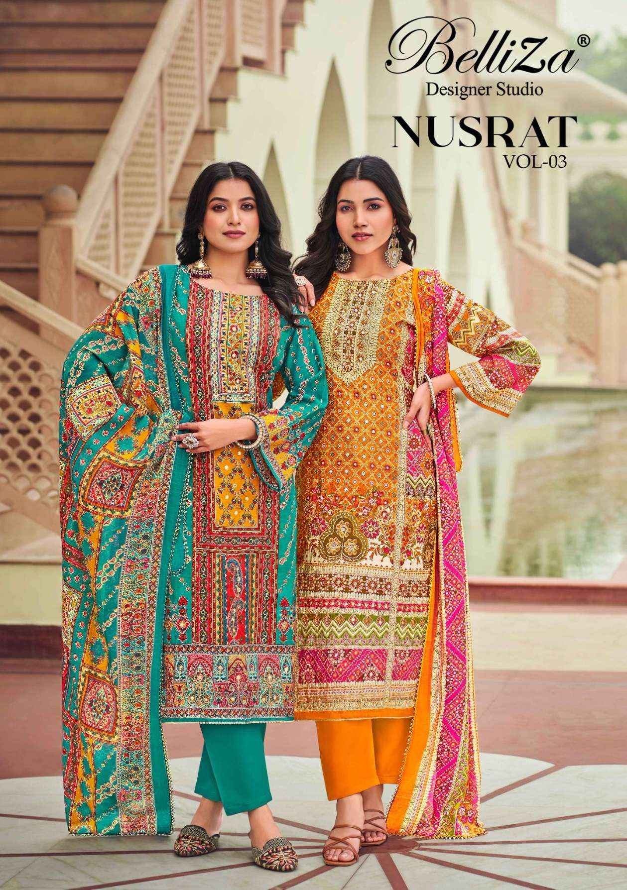 BELLIZA DESIGNER NUSRAT VOL 3 WHOLESALE MUSLIN DRESS MATERIAL ( 6 PCS CATALOGUE )