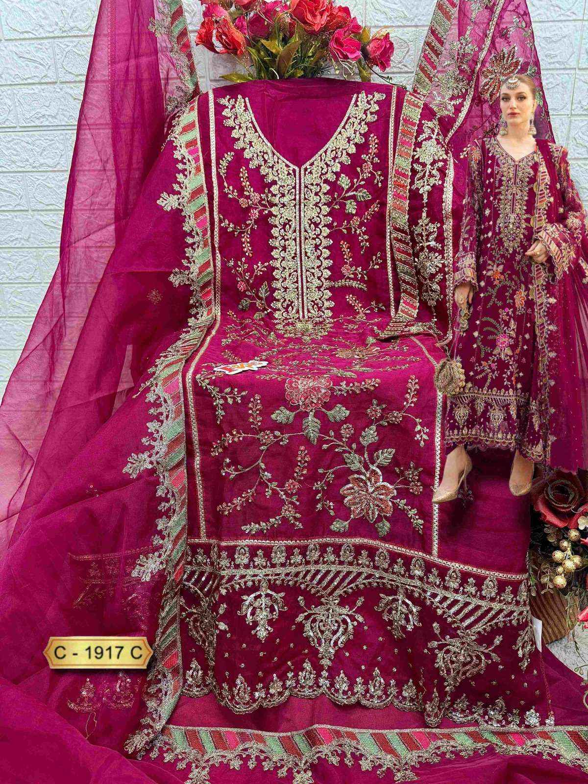 FEPIC ROSEMEEN C 1917 ORGANZA HEAVY EMBROIDERED PAKISTANI SUIT WHOLESALE PRICE ( 3 PCS CATALOG )