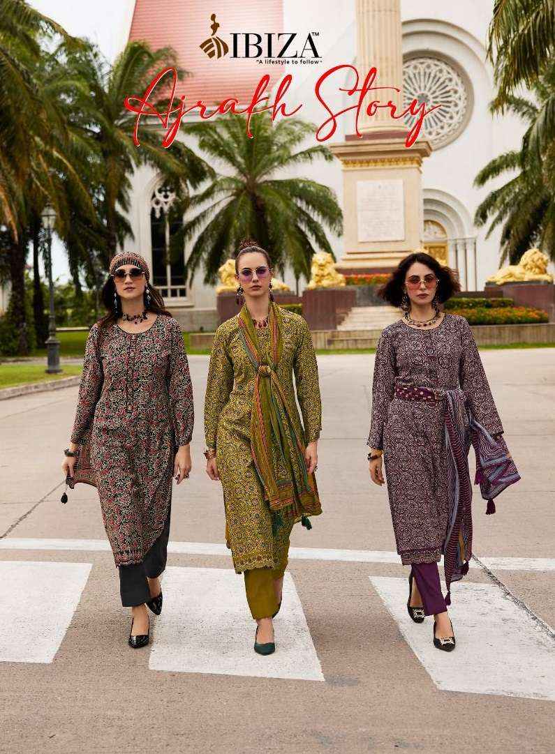 IBIZA AJRAKH STORY VISCOSE PRINT WITH EMBROIDERY SUIT DRESS MATERIAL WHOLESALE PRICE ( 8 PCS CATALOG )