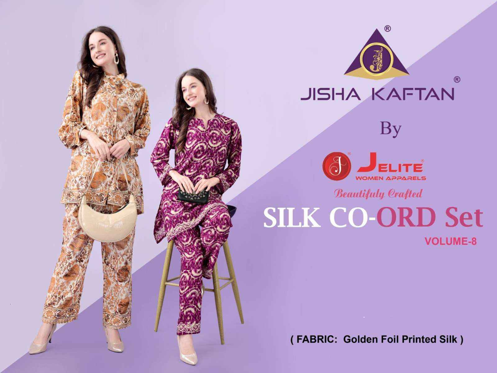 JELITE JISHA KAFTAN SILK CO ORD SET VOL 8 SILK PRINTED TOP WITH PENT SET WHOLESALE PRICE ( 8 PCS CATALOG )