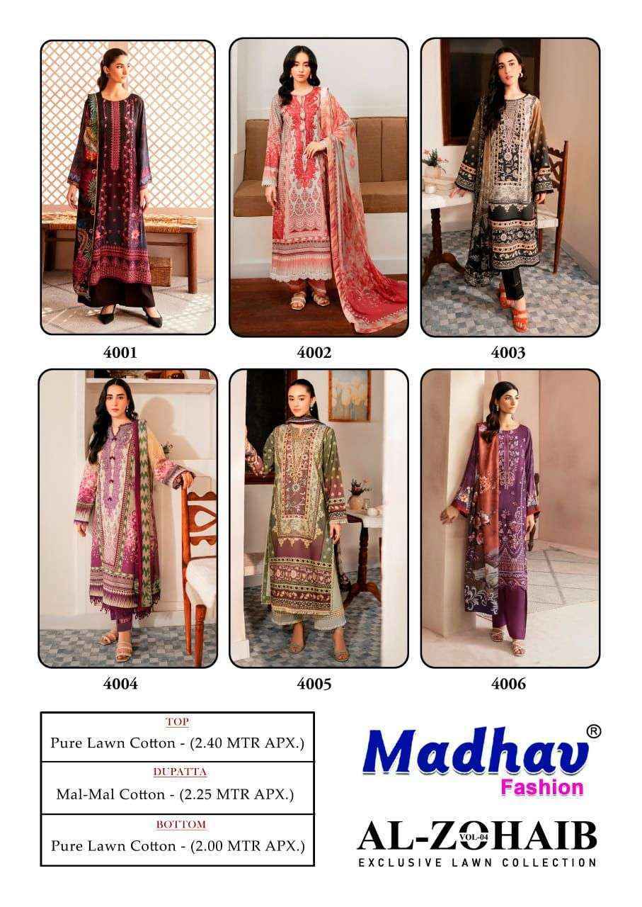 Madhav Fashion Al Zohaib Vol 4 Wholesale Lawn Cotton Dress Material ( 6 pcs Catalogue )