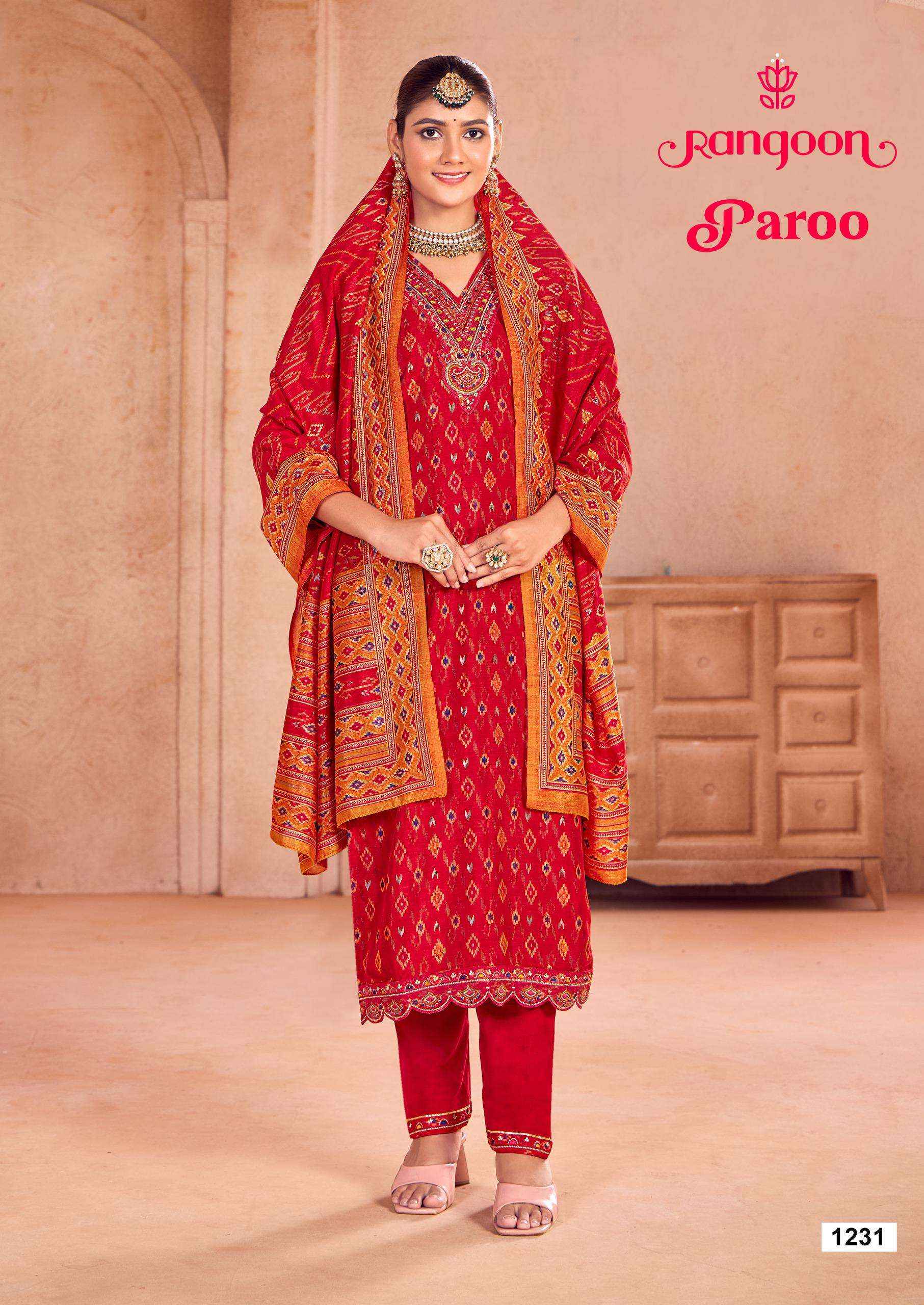 RANGOON PAROO SILK PRINT WITH FANCY WORK READYMADE KURTI WHOLESALE PRICE ( 4 PCS CATALOG )