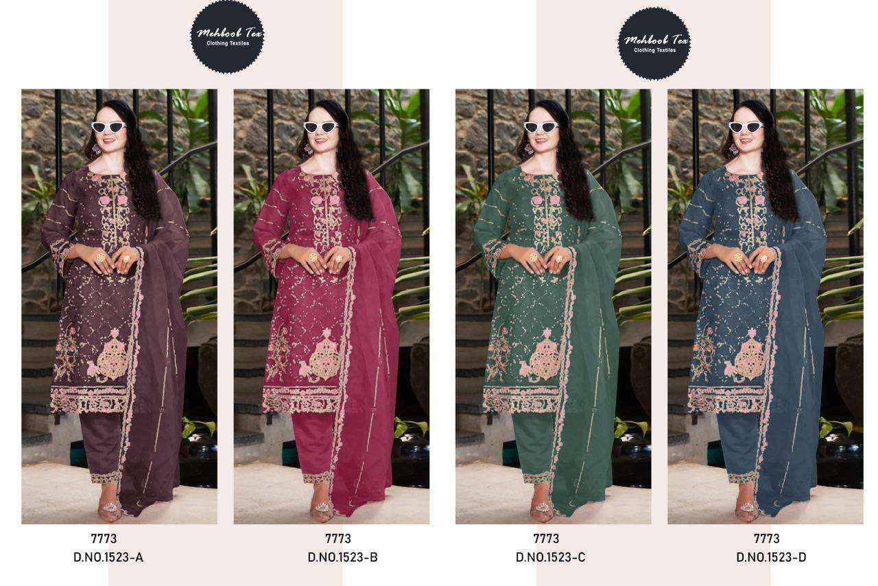 MEHBOOB TEX DESIGN NO - 1523 ABCD ORGANZA HEAVY EMBROIDERED HAND WORK PARTY WEAR WHOLESALE PRICE ( 4 PCS CATALOG )