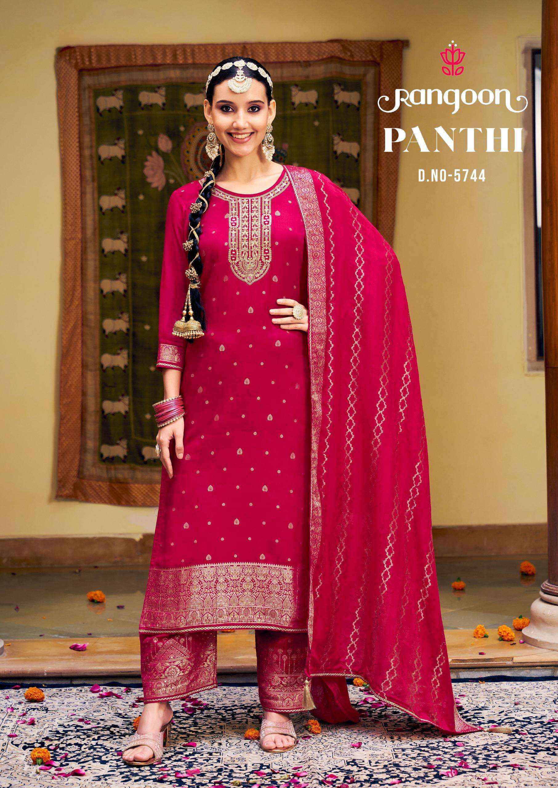 RANGOON PANTHI MUSLIN JACQUARD FANCY DESIGNER LADIES SUIT WHOLESALE PRICE ( 4 PCS CATALOG )