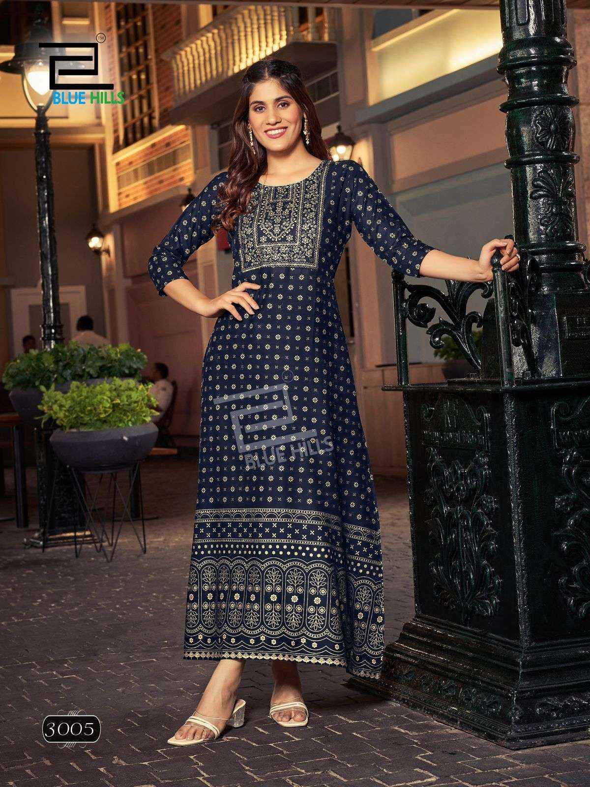 BLUE HILLS REELS VOL 3 RAYON FOIL PRINT LONG GOWN KURTI ( 8 PCS CATALOG )