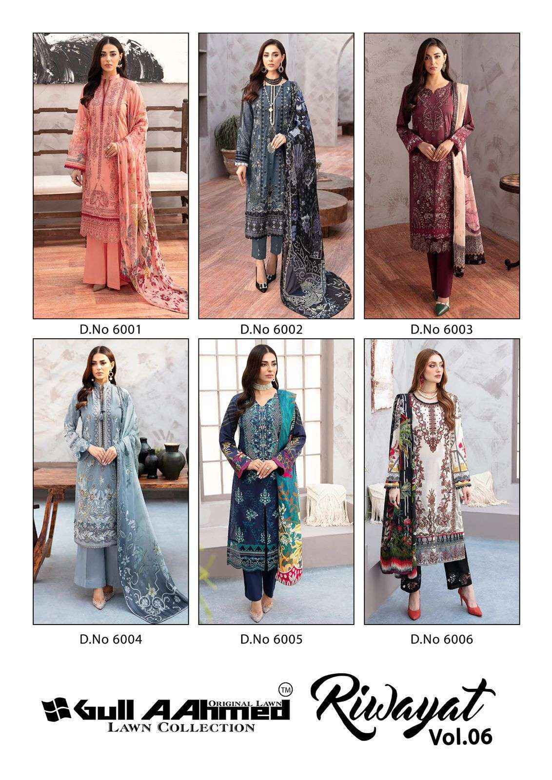 GULL AAHMED RIWAYAT VOL 6 LAWN COTTON PAKISTANI SUITS ( 6 PCS CATALOG )