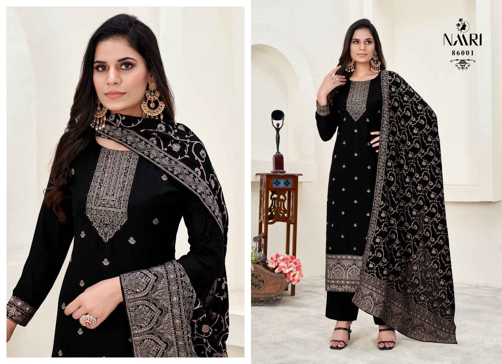 NAARI ZARIN MUSLIN DOLA JACARD BLACK & WHITE DESIGNER SUITS ( 2 PCS CATALOG )