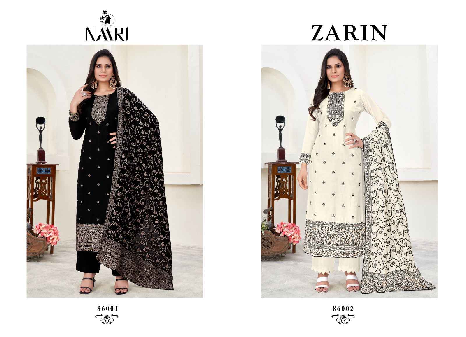 NAARI ZARIN MUSLIN DOLA JACARD BLACK & WHITE DESIGNER SUITS ( 2 PCS CATALOG )