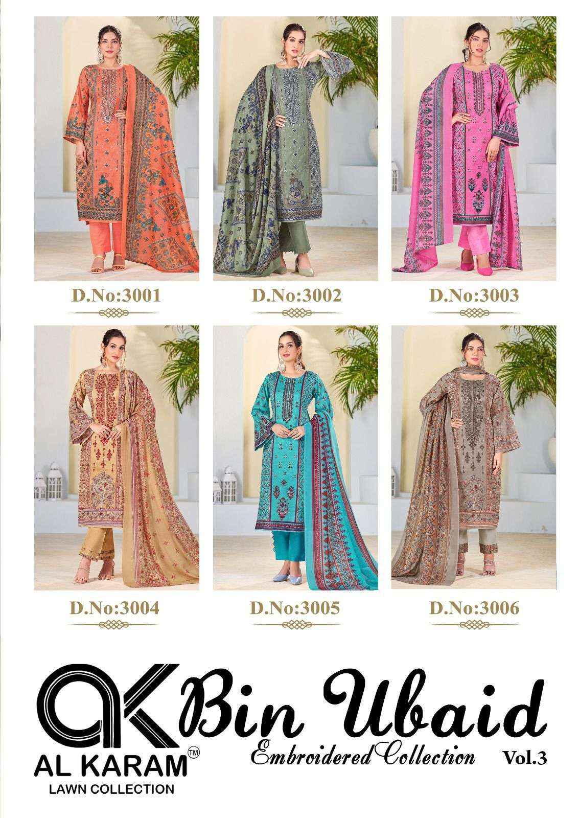 AL KARAM BIN UBAID EMBROIDERED COLLECTION VOL 3 LAWN PAKISTANI SUIT ( 6 PCS CATALOG )