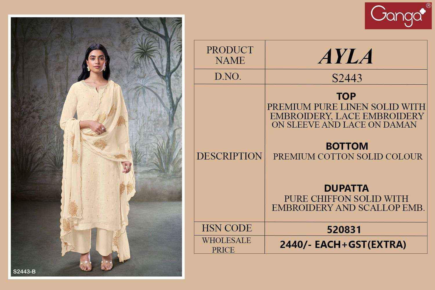 Ganga Fashion Ayla 2443 Pure Linen Suit Latest Catalog Suppliers ( 3 PCS CATALOG )