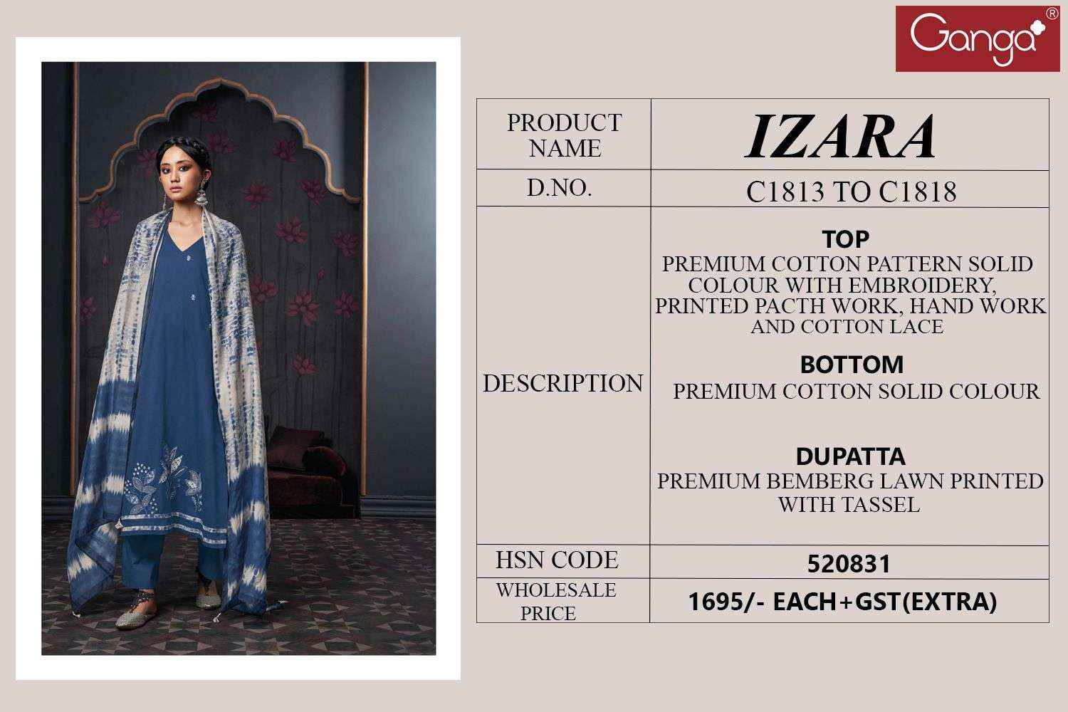 Ganga Fashion Izara Latest Designs Cotton Ladies Suit Catalog Supplier ( 6 pcs catalog )