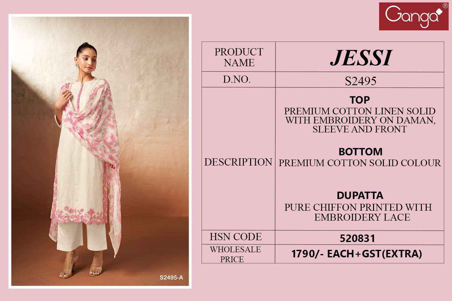 Ganga Jessi 2495 Premium Cotton Linen Suit Ganga Fashion Suits ( 2 pcs catalog )