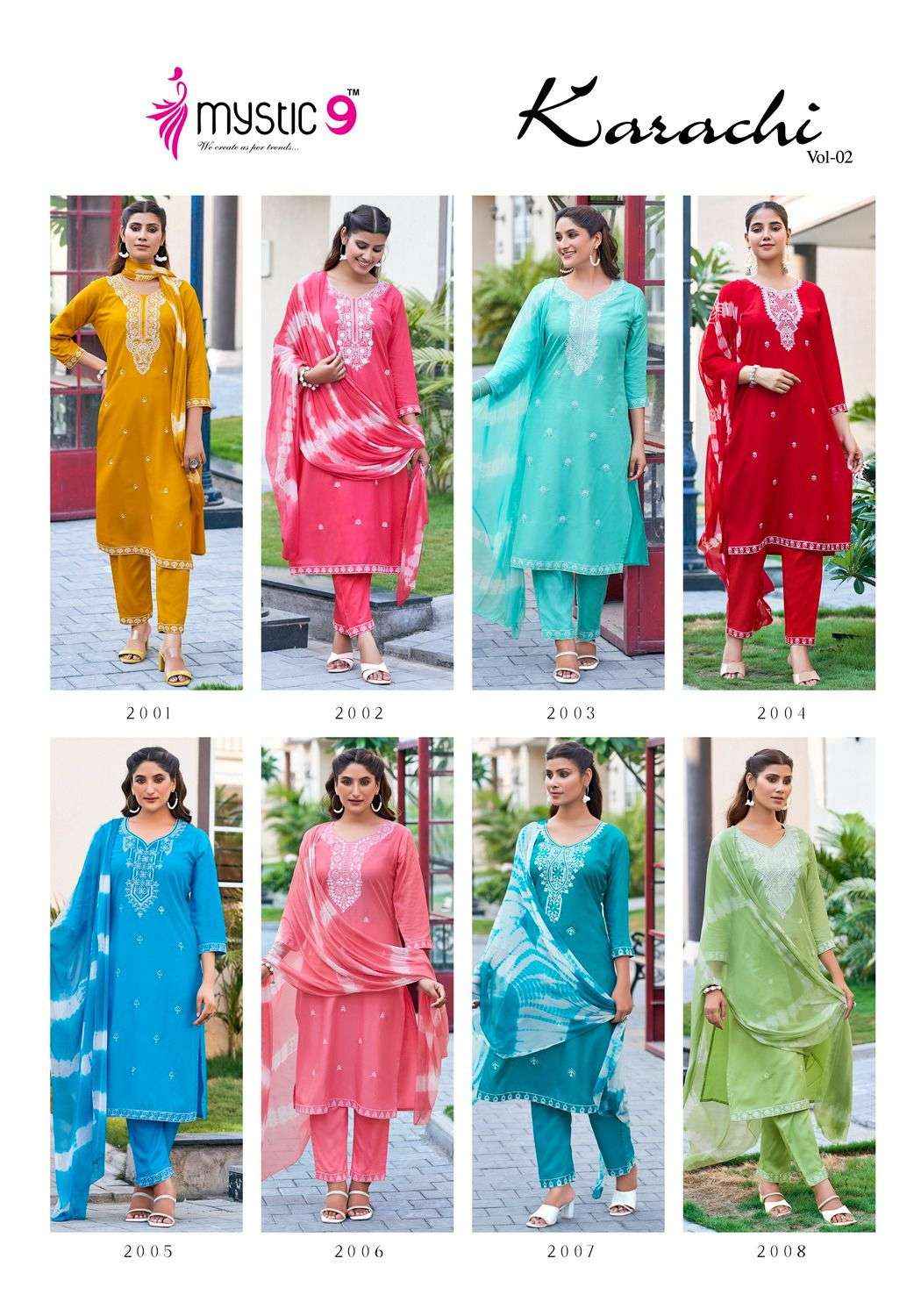 MYSTIC 9 KARACHI VOL 1 RAYON LUCKNOWI DESIGNER SUITS ( 8 PCS CATALOG )