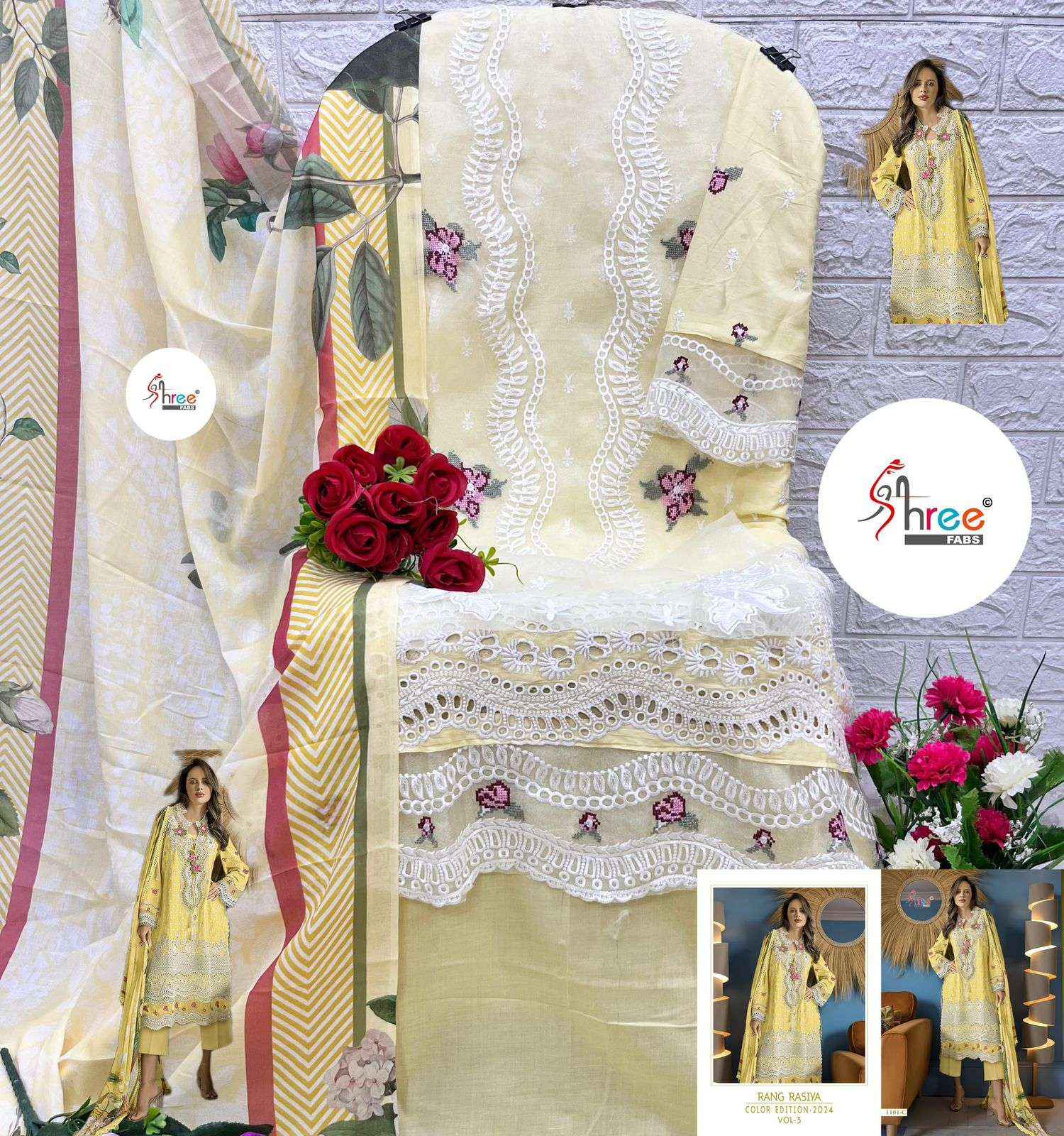 SHREE FABS RANG RASIYA COLOUR EDITION VOL 3 LAWN COTTON DESIGNER PAKISTANI SUIT ( 4 PCS CATALOG ) COTTON DUPATTA