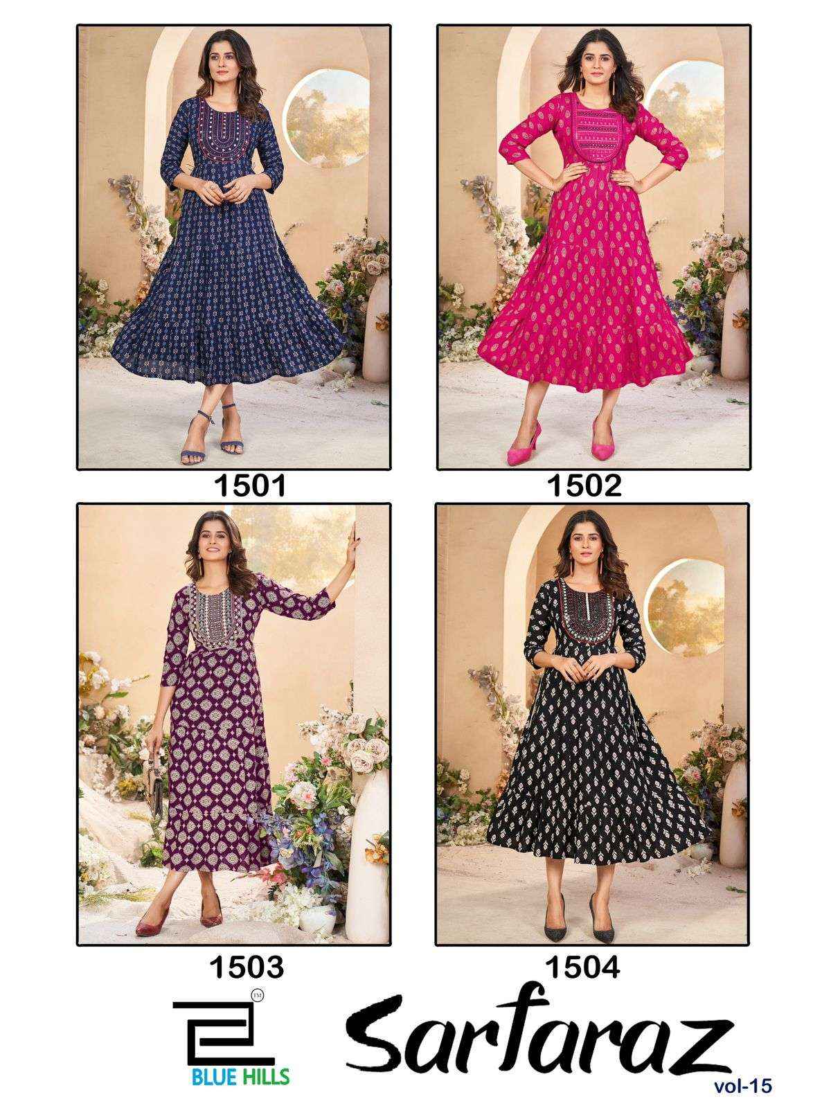 BLUE HILLS SARFARAZ VOL 15 RAYON PRINTS FANCY GOWN ( 4 PCS CATALOG )