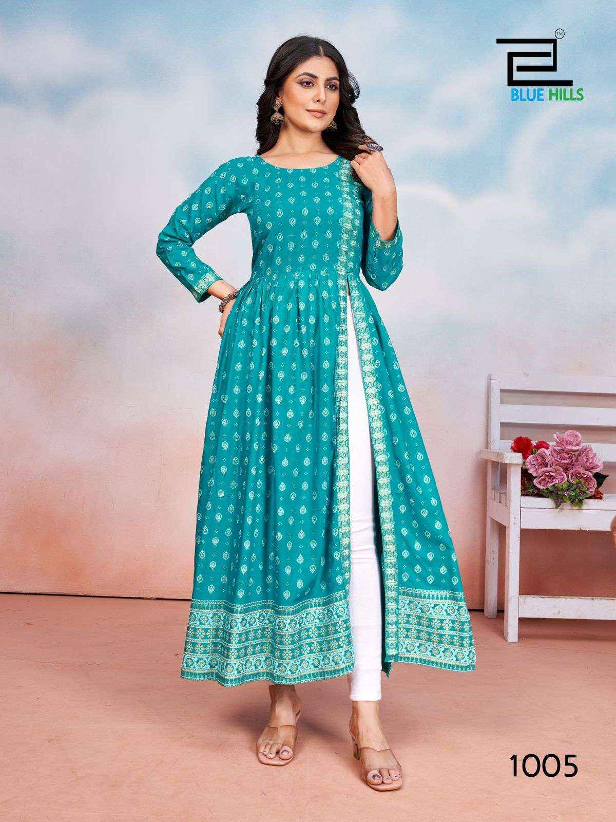 BLUE HILLS TAUBA TAUBA RAYON SIDE CUT PATTERN FANCY KURTI ( 5 PCS CATALOG )