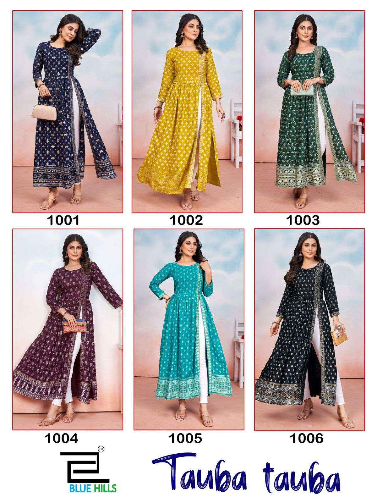 BLUE HILLS TAUBA TAUBA RAYON SIDE CUT PATTERN FANCY KURTI ( 5 PCS CATALOG )