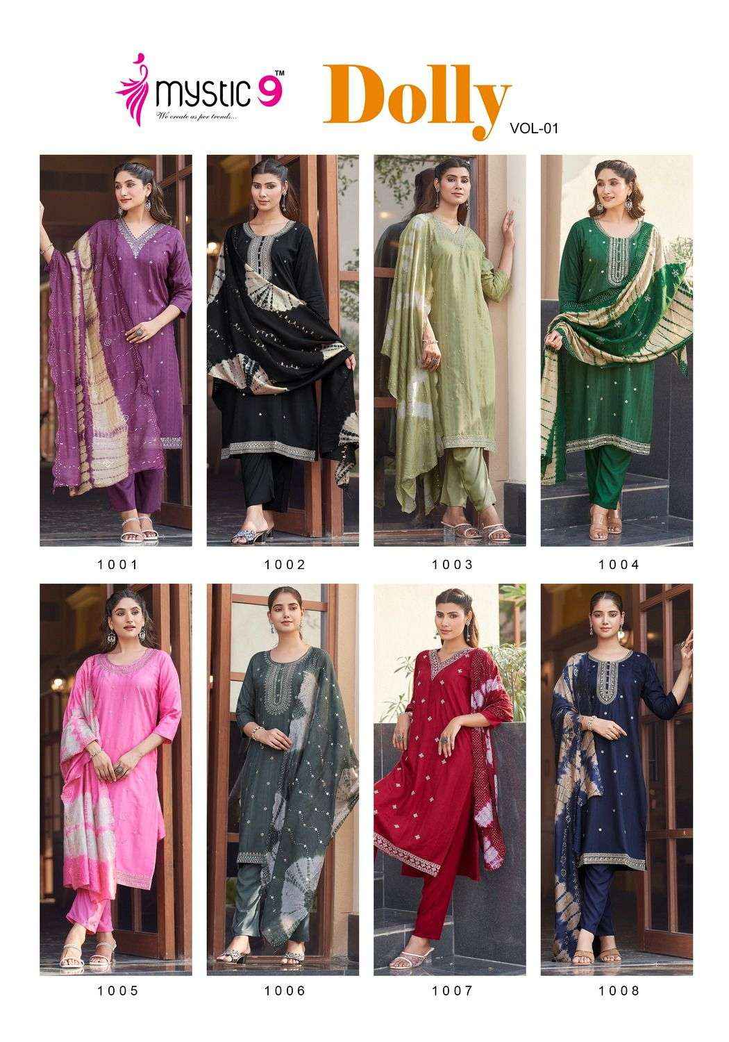 MYSTIC 9 DOLLY VOL 1 RAYON FANCY WORK KURTI COMBO SET ( 8 PCS CATALOG )