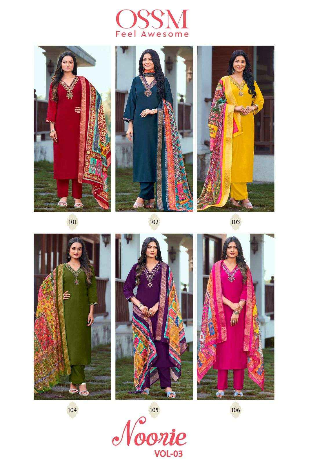 OSSM NOORIE VOL 3 VISCOSE SILK EMBROIDERY WORK KURTI COMBO SET ( 6 PCS CATALOG )