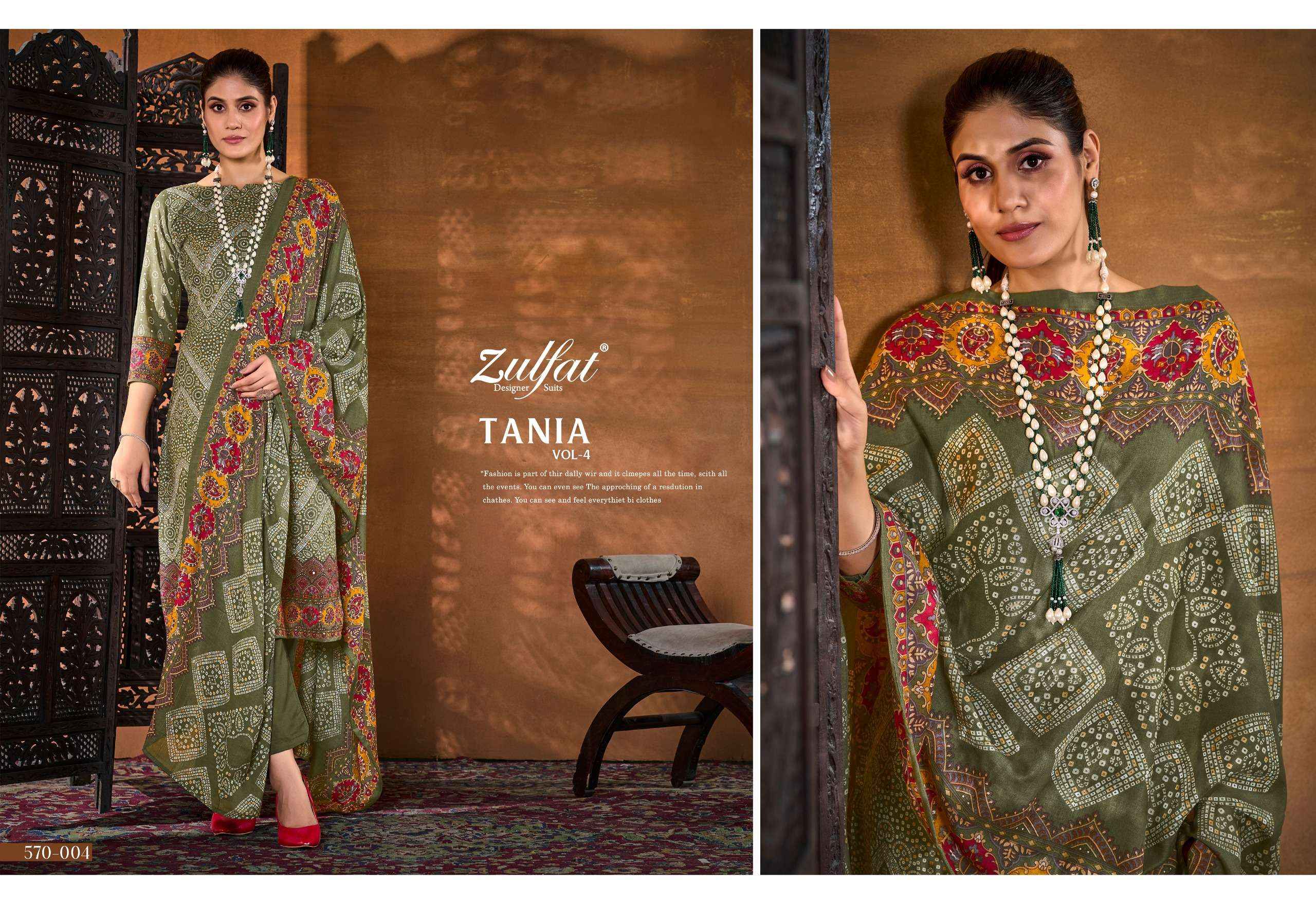 ZULFAT DESIGNER SUITS TANIA VOL 4 COTTON PRINT SALWAR SUIT ( 6 PCS CATALOG )