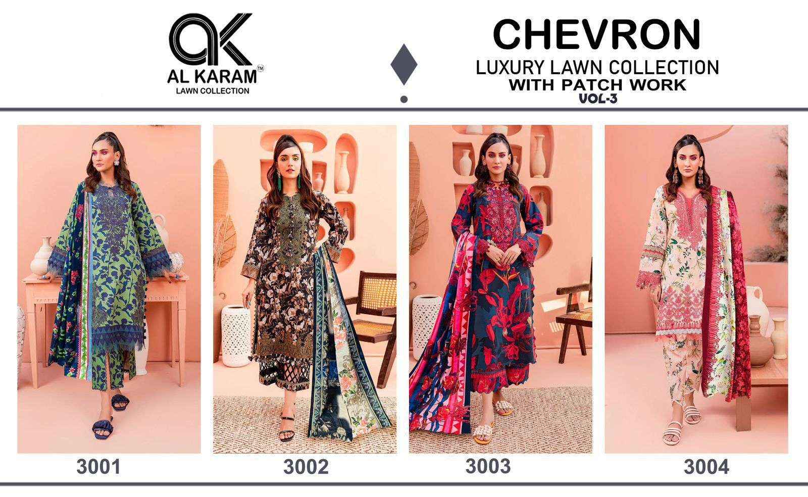 AL KARAM CHEVRON LUXURY LAWN COLLECITON VOL 3 COTTON SUIT ( 4 PCS CATALOG )