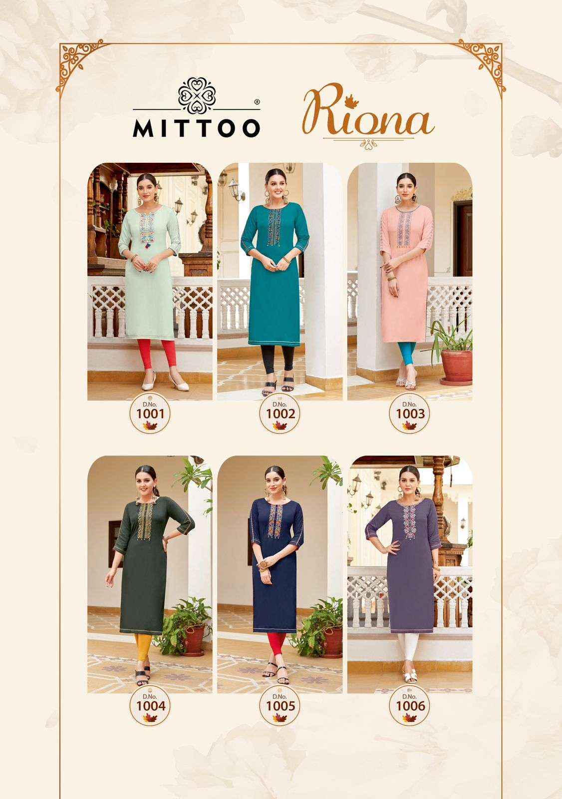 MITTOO RIONA RAYON STRAIGHT CUT LADIES KURTI ( 6 PCS CATALOG )