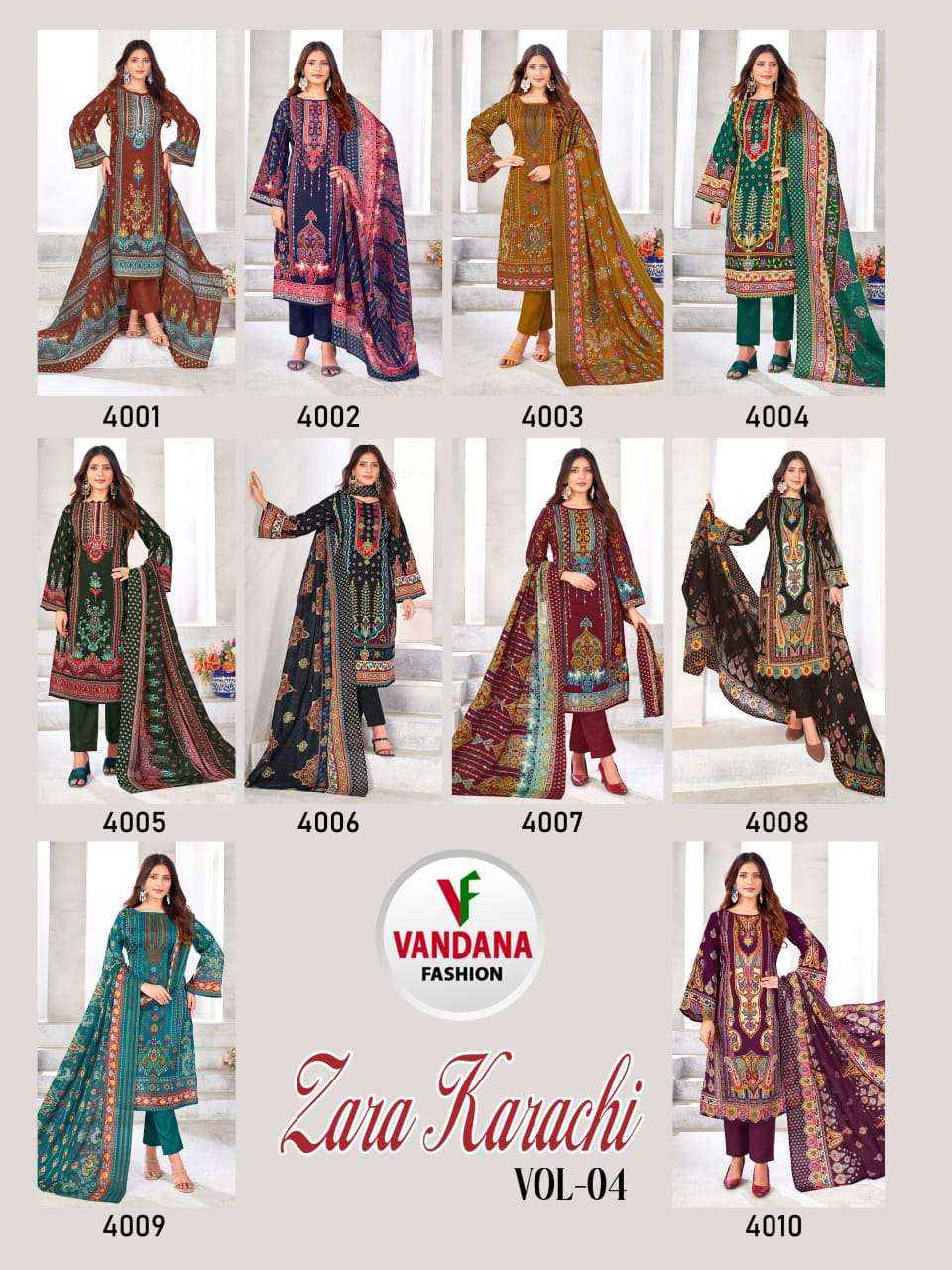 VANDANA FASHION ZARA KARACHI VOL 4 COTTON PRINT DRESS MATERIAL ( 10 PCS CATALOG )