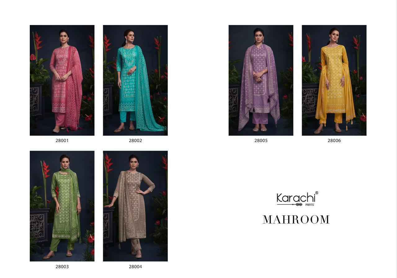 Kesar Karachi Prints Mahroom Viscose Wholesale Ladies Salwar Kameez ( 6 pcs Catalogue )