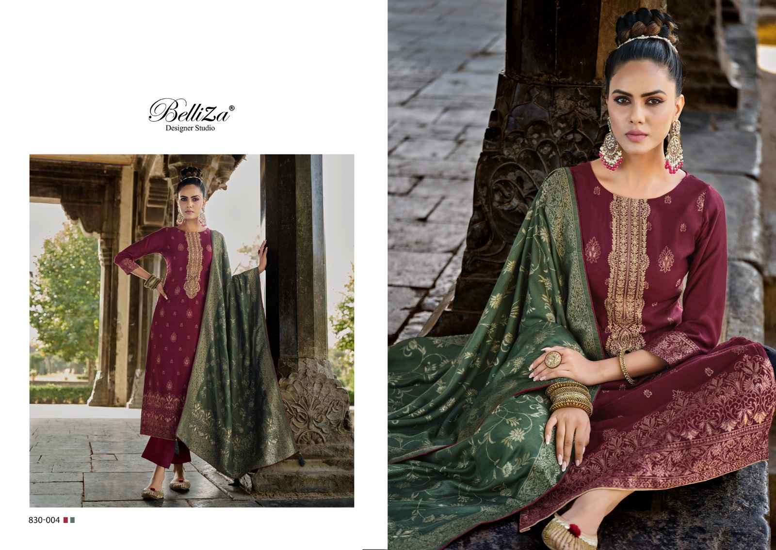 BELLIZA DESIGNER IZHAAR PASHMINA JACQUARD DRESS MATERIAL (6 PPCS CATALOG )