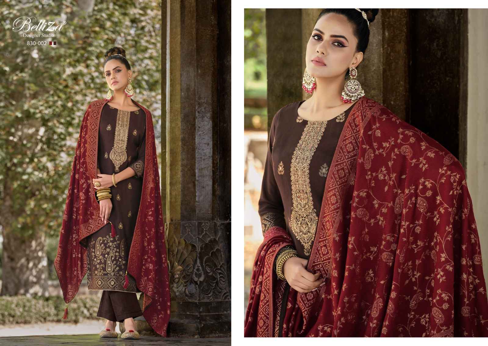 BELLIZA DESIGNER IZHAAR PASHMINA JACQUARD DRESS MATERIAL (6 PPCS CATALOG )