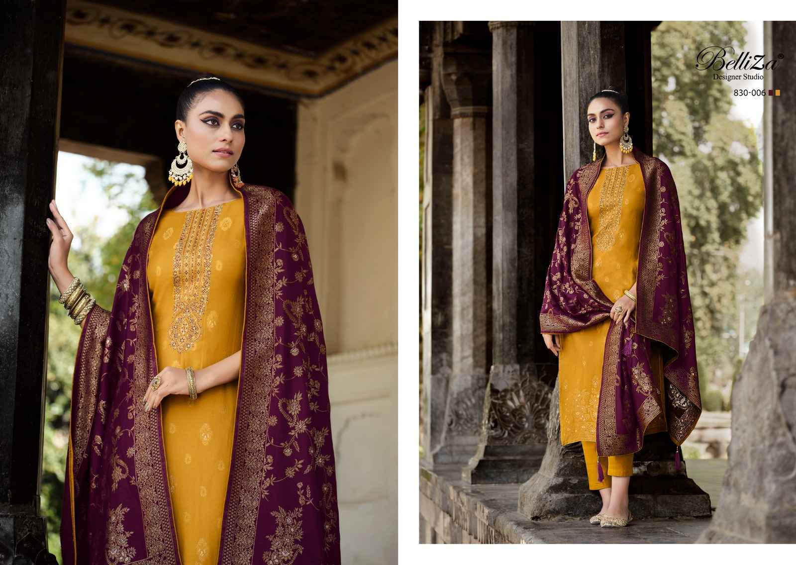 BELLIZA DESIGNER IZHAAR PASHMINA JACQUARD DRESS MATERIAL (6 PPCS CATALOG )