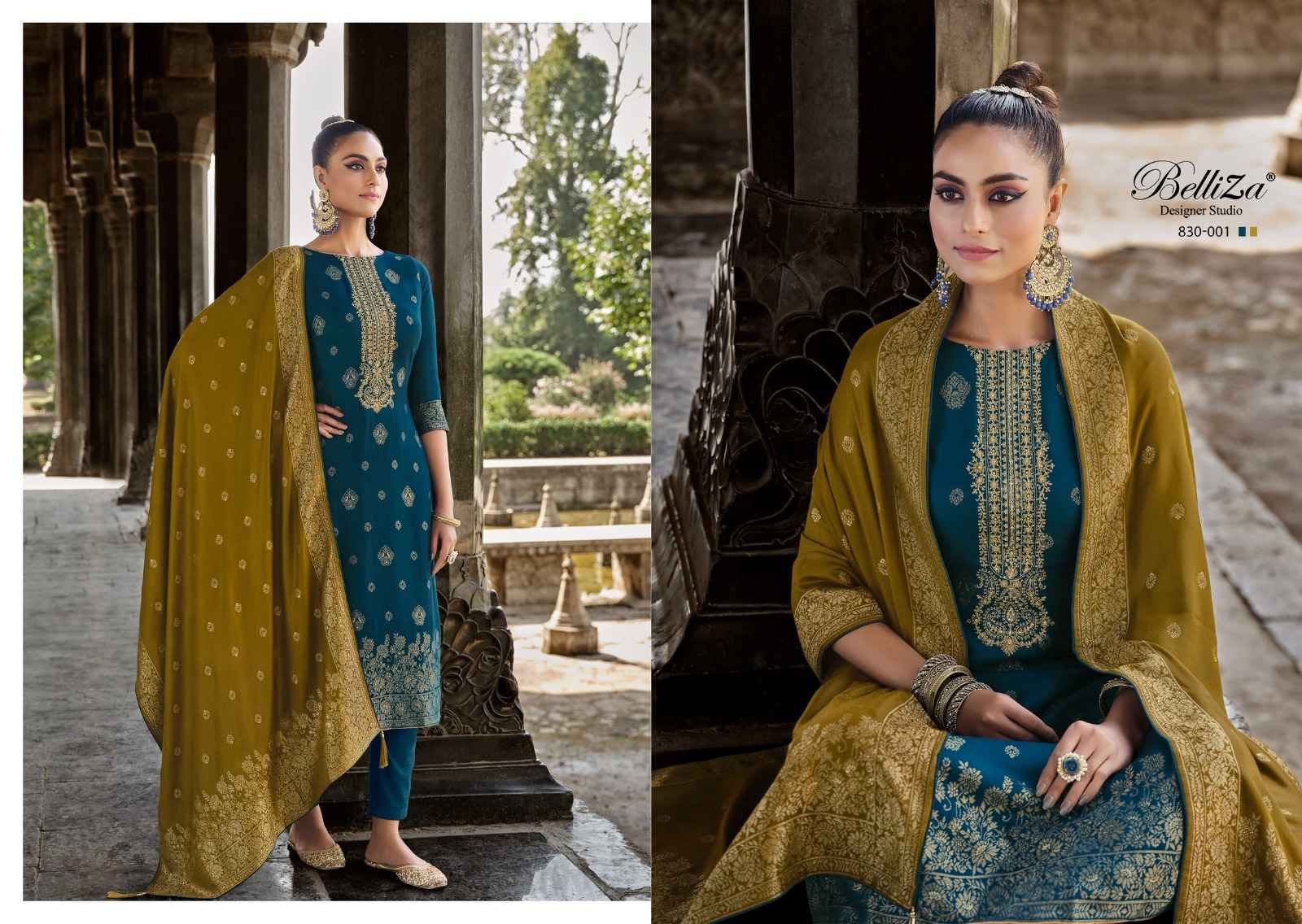 BELLIZA DESIGNER IZHAAR PASHMINA JACQUARD DRESS MATERIAL (6 PPCS CATALOG )