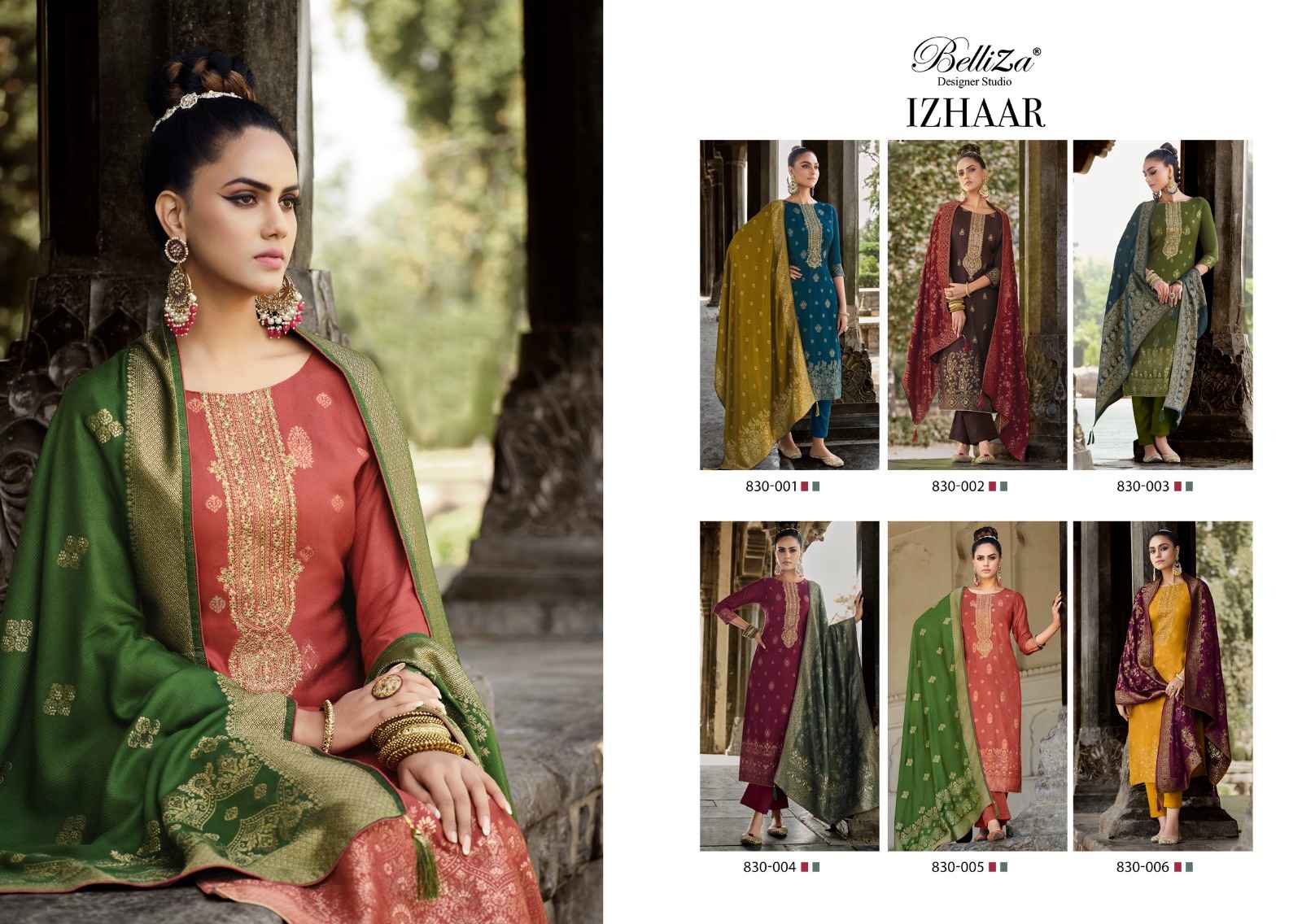 BELLIZA DESIGNER IZHAAR PASHMINA JACQUARD DRESS MATERIAL (6 PPCS CATALOG )