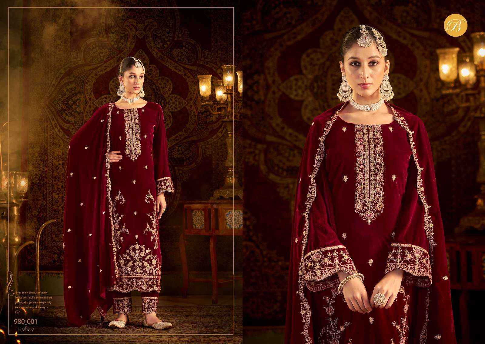 BELLIZA DESIGNER STUDIO KALAMKAARI LADIES VELVET SUITS ( 4 PCS CATALOG )