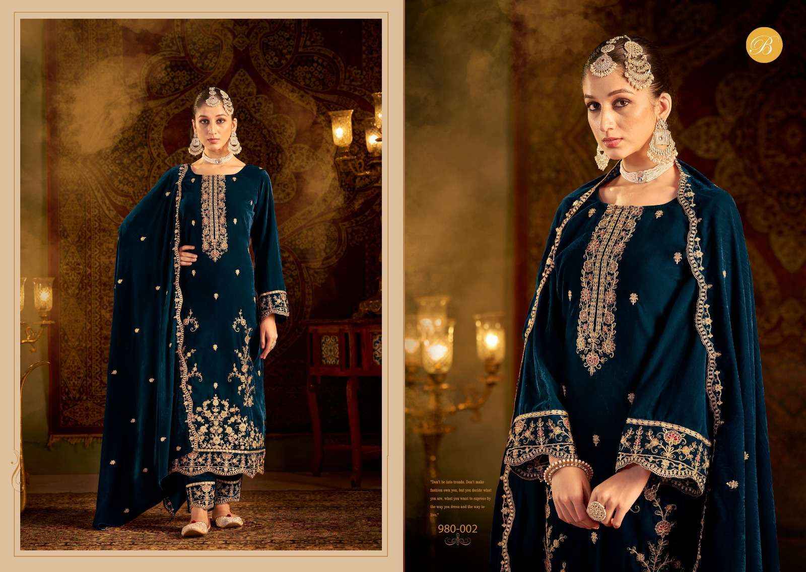 BELLIZA DESIGNER STUDIO KALAMKAARI LADIES VELVET SUITS ( 4 PCS CATALOG )