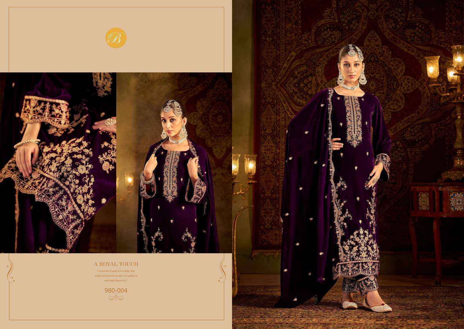 BELLIZA DESIGNER STUDIO KALAMKAARI LADIES VELVET SUITS ( 4 PCS CATALOG )