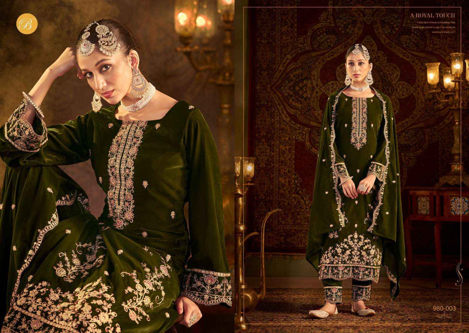 BELLIZA DESIGNER STUDIO KALAMKAARI LADIES VELVET SUITS ( 4 PCS CATALOG )