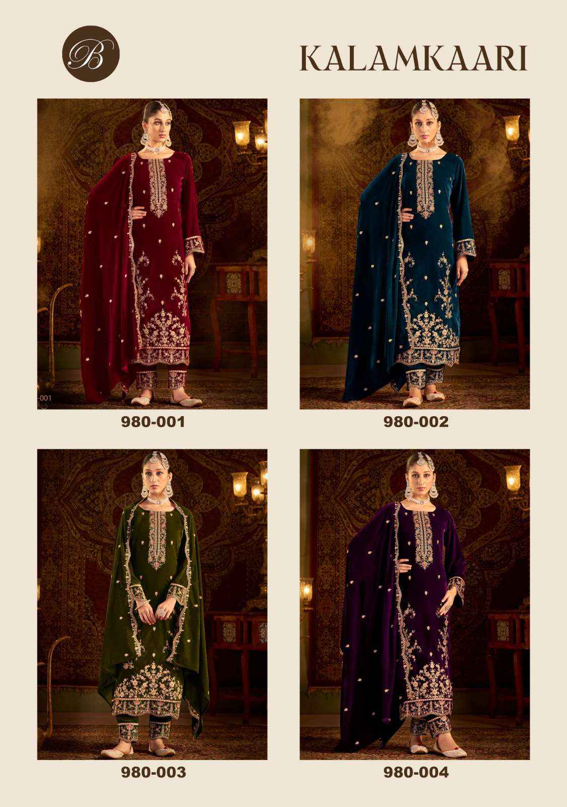 BELLIZA DESIGNER STUDIO KALAMKAARI LADIES VELVET SUITS ( 4 PCS CATALOG )